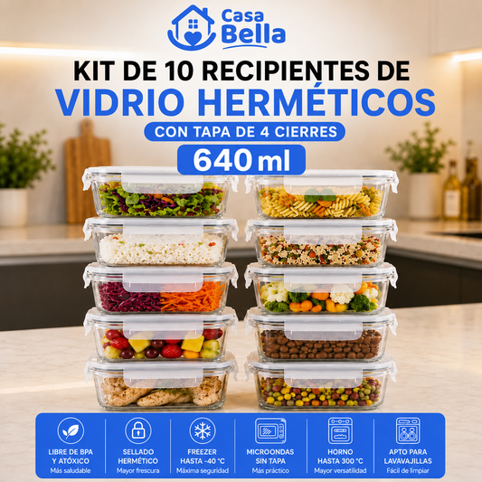 [KIT DE 10] Recipientes Herméticos de Vidrio – 640 ml con Tapa de 4 Cierres y Sellado Reforzado